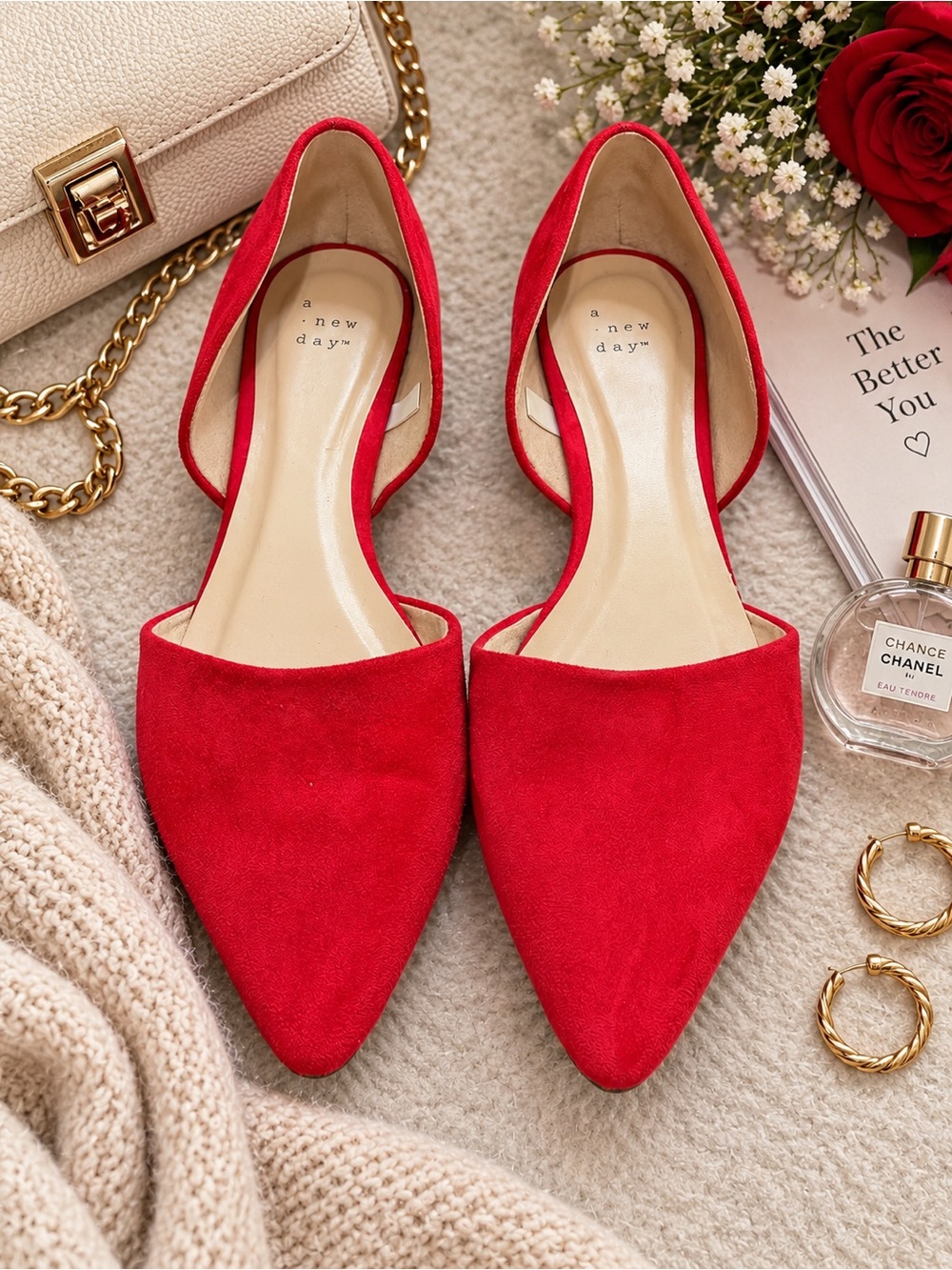 A New Day Red Pointed Toe D’Orsay Flats Faux Suede Women’s Size 11
